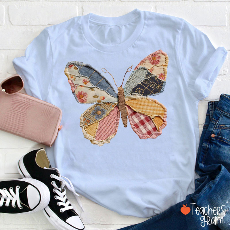 Faux Patchwork Butterfly Teacher T-Shirt