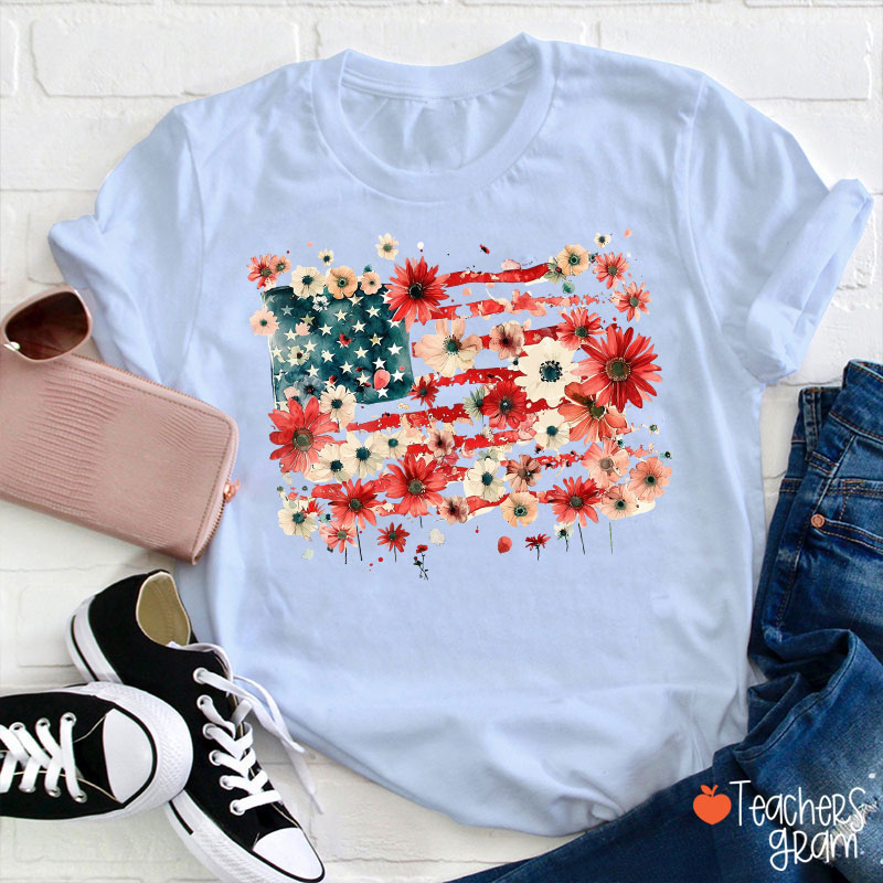 American Flag Floral Teacher T-Shirt