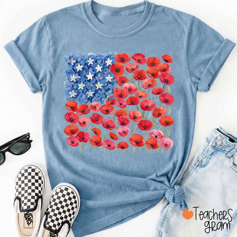 Floral USA Flag 250th Anniversary Teacher T-Shirt