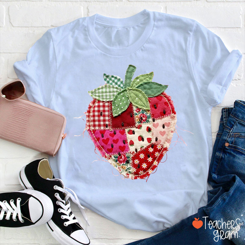 Faux Patchwork Strawberry Teacher T-Shirt