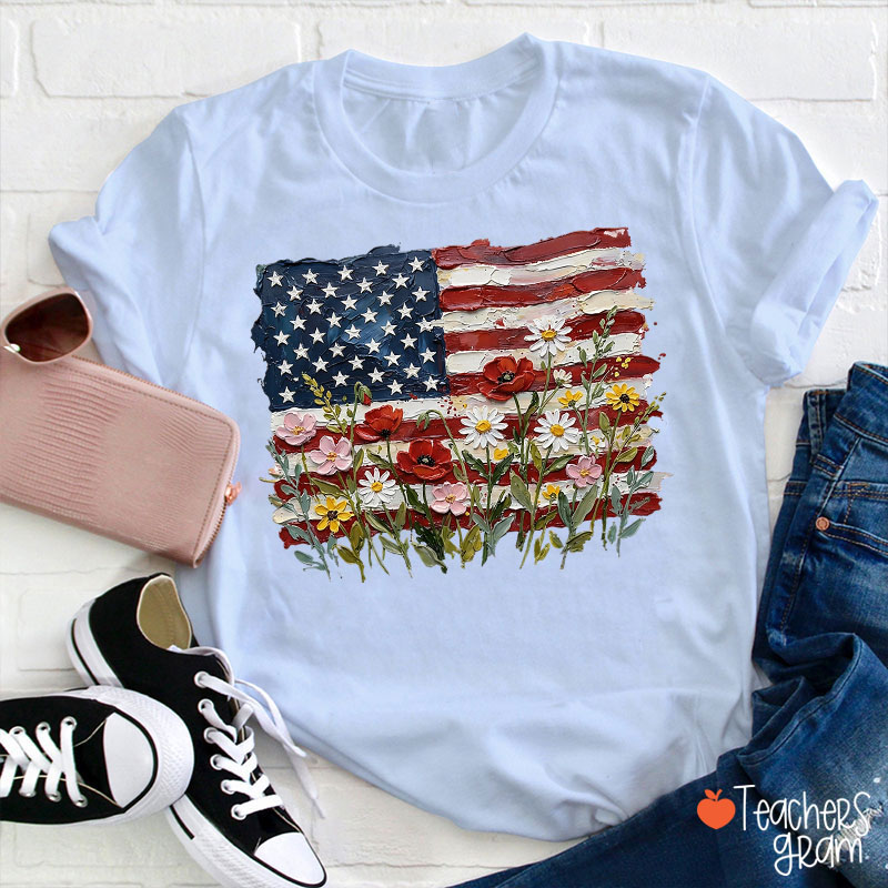 American Flag Floral Teacher T-Shirt