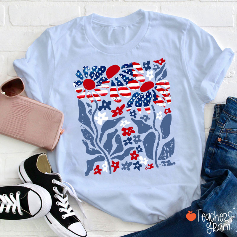 Boho Patriotic Daisy American Flag Floral Teacher T-Shirt