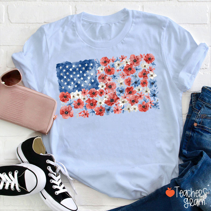 Vintage Floral USA Flag Teacher T-Shirt