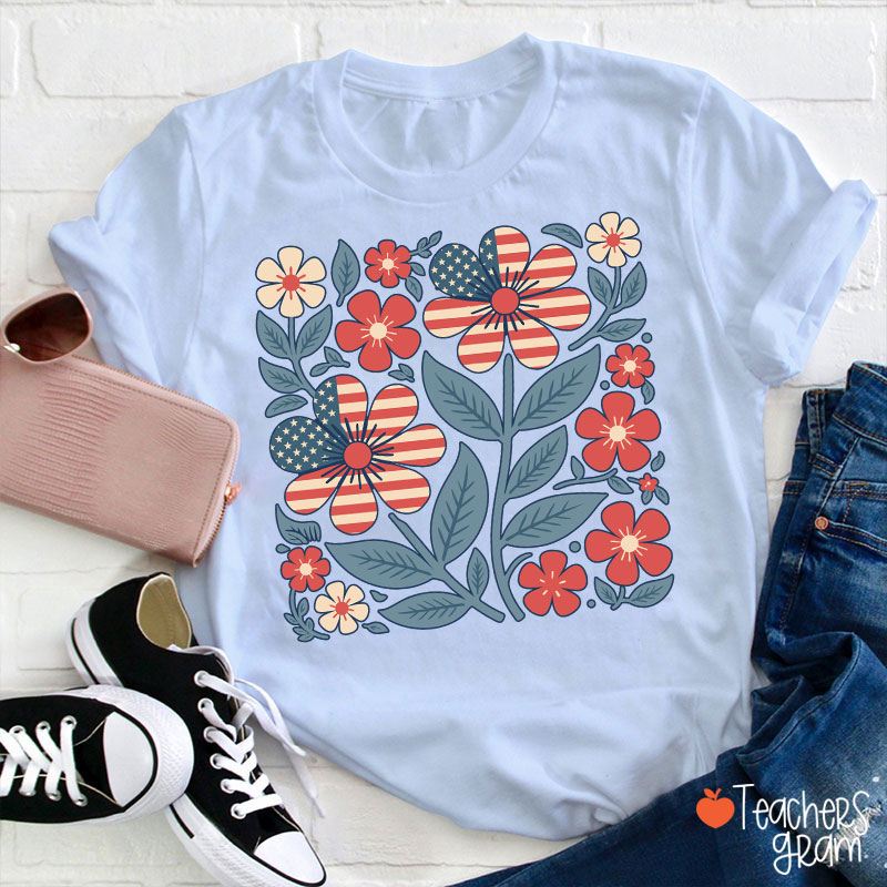 Boho Patriotic Daisy Teacher T-Shirt