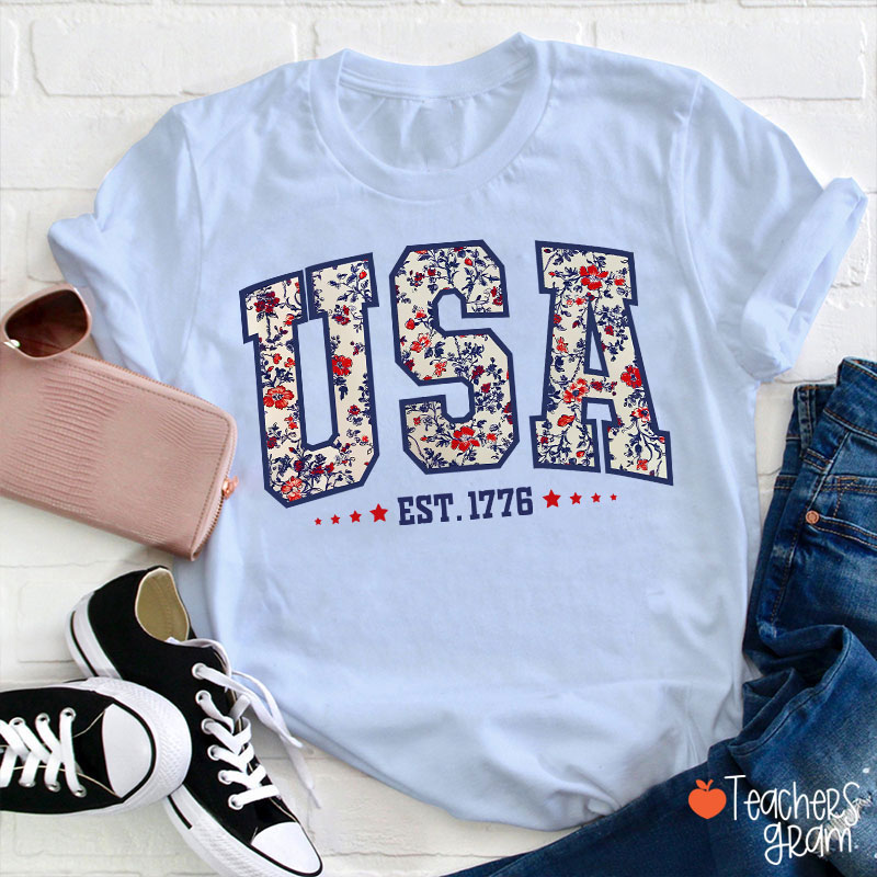 Retro Floral USA Teacher T-Shirt