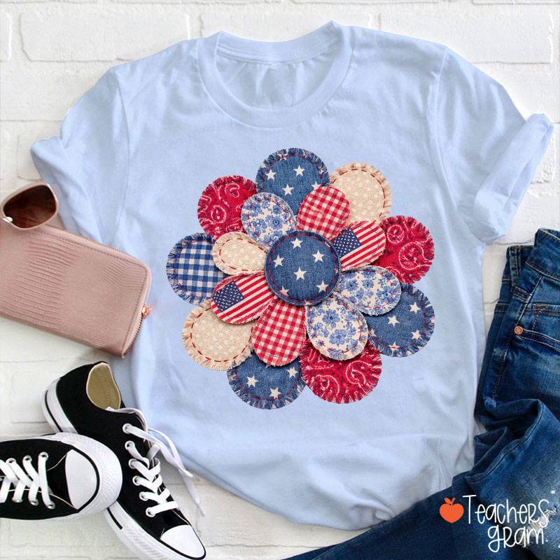 Faux Patchwork American Flag Flower Teacher T-Shirt