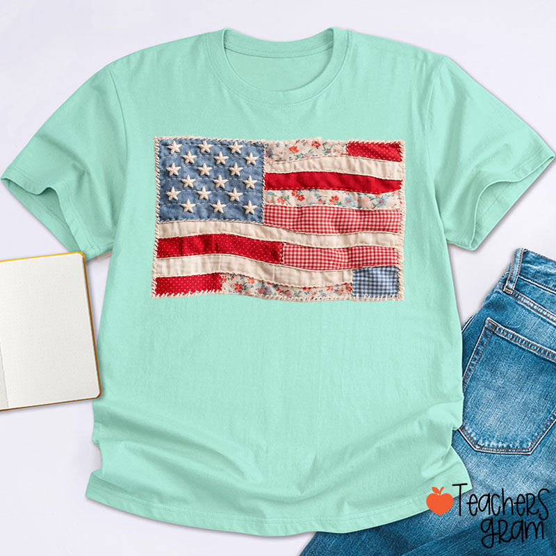 Faux Patchwork American Flag Teacher T-Shirt