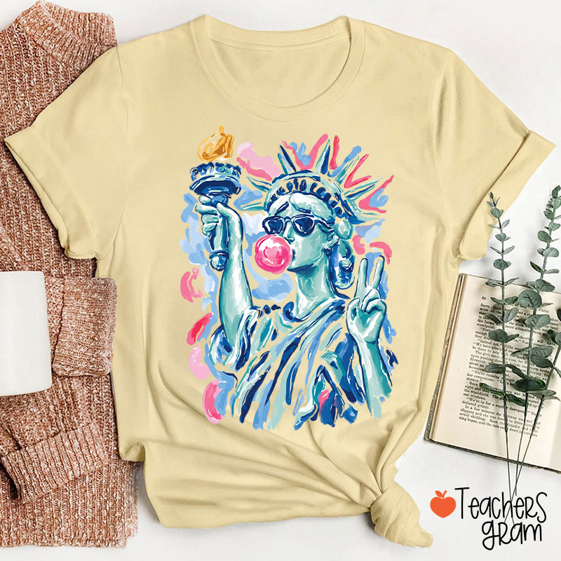 Preppy Statue Of Liberty Blowing Bubble Teacher T-Shirt
