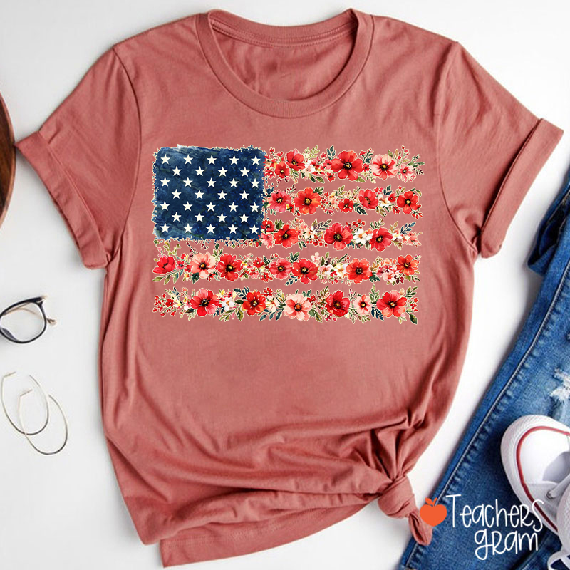 American Flag Wild Flower Teacher T-Shirt
