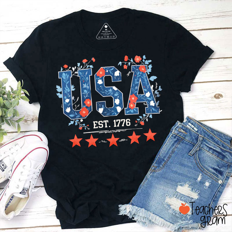 Floral USA Est 1776 Teacher T-Shirt