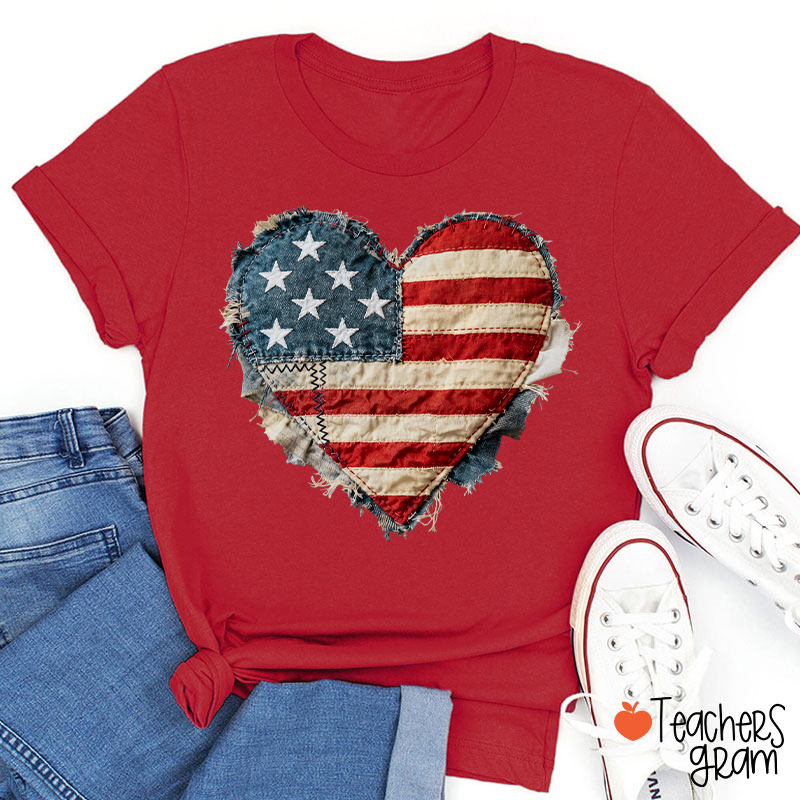 Faux Patchwork American Flag Heart Teacher T-Shirt