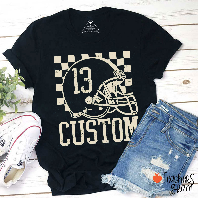 Personalized Number Color Distressed Sport Helmet Checkerboard Teacher T‑Shirt
