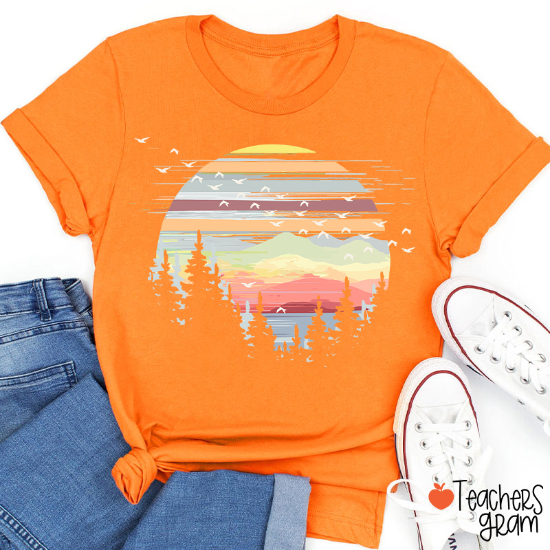 Retro Mountain Sunset Forest And Birds Teacher T-Shirt
