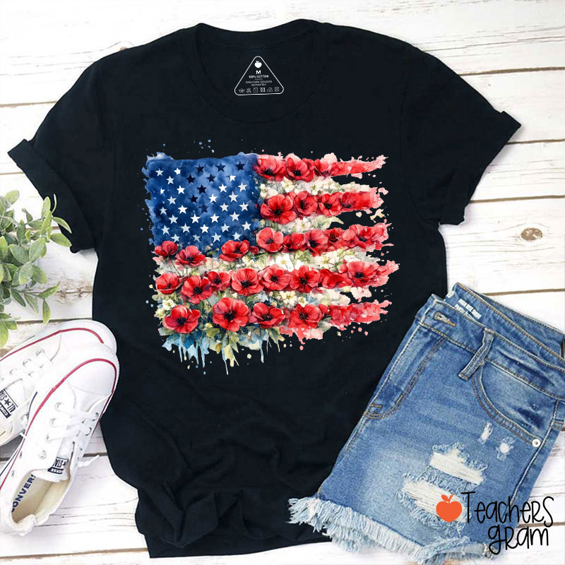 4th Of July Floral American Flag Teacher T-Shirt