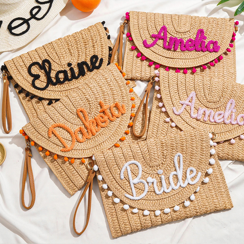 Personalized Embroidered Name Summer Vacation Straw Shoulder Bag