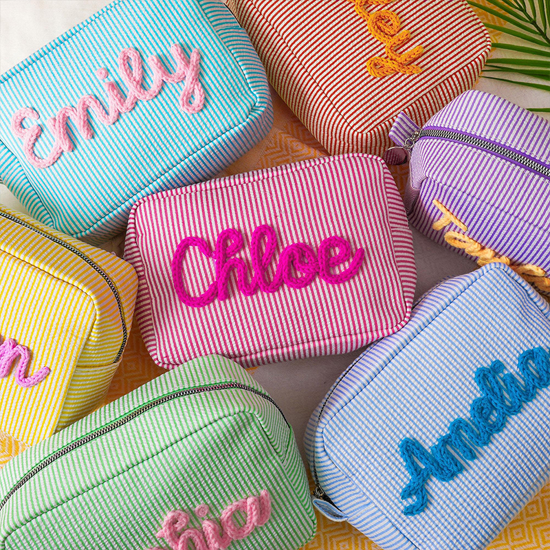Personalized Embroidered Name Seersucker Teacher Makeup Bag