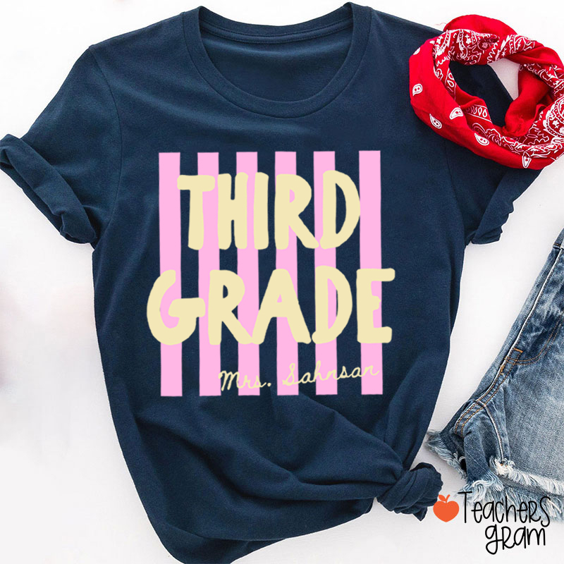 Personalized Grade And Name Pink Stripes Teacher T-Shirt