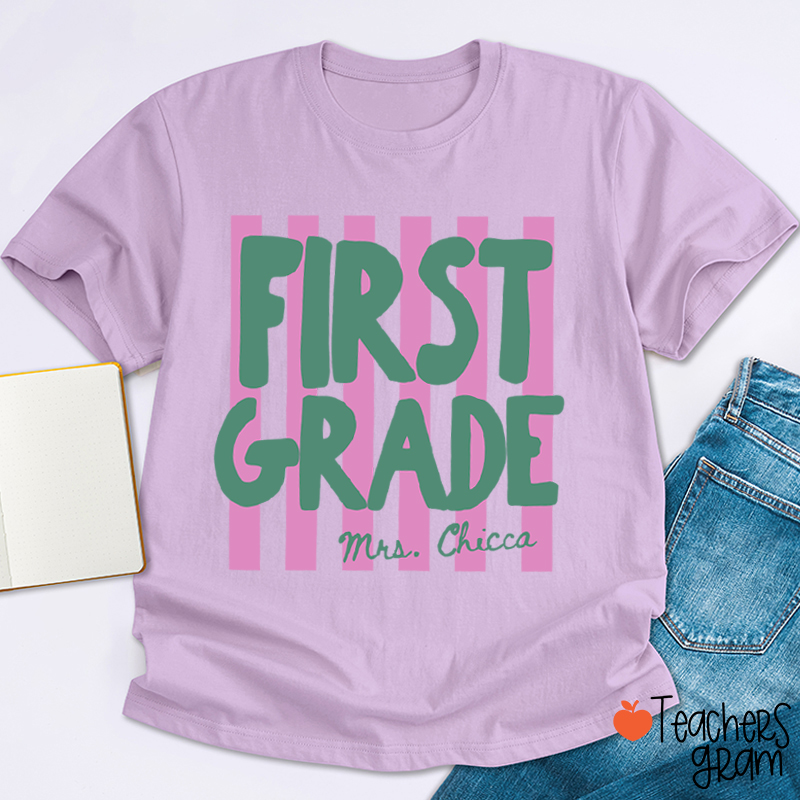 Personalized Grade And Name Pink Stripes Teacher T-Shirt