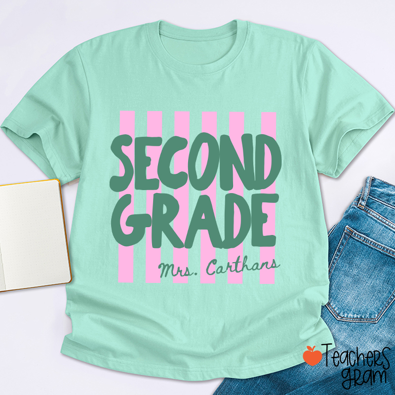 Personalized Grade And Name Pink Stripes Teacher T-Shirt