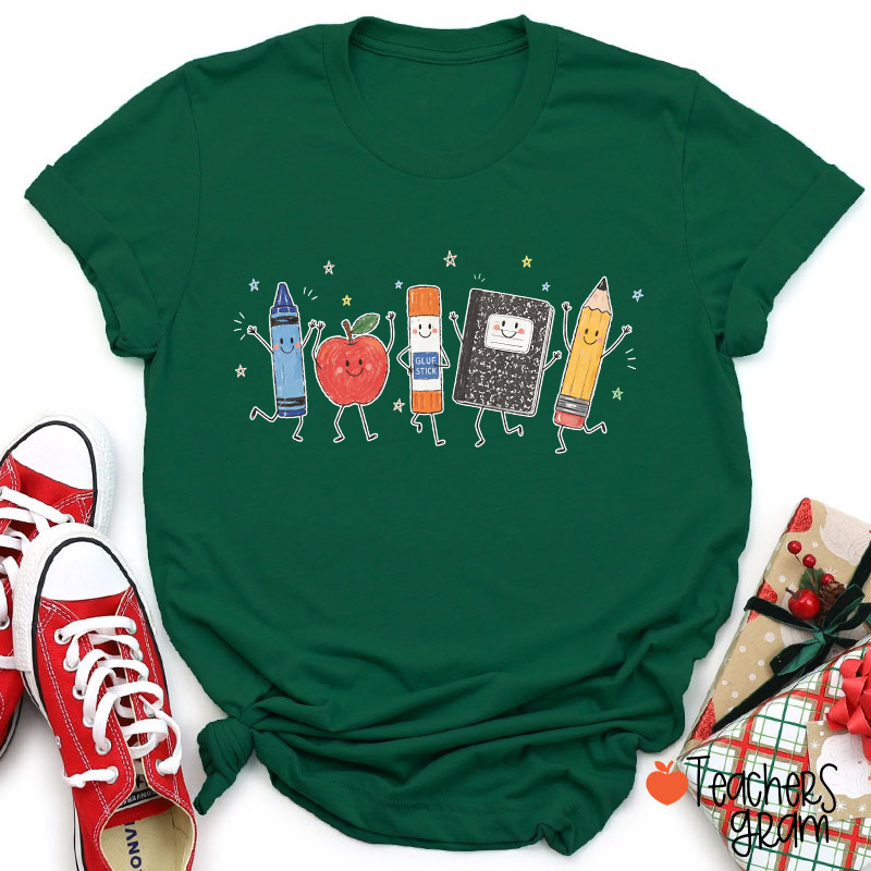 Cute Anthropomorphic School Supplies Teacher T-Shirt