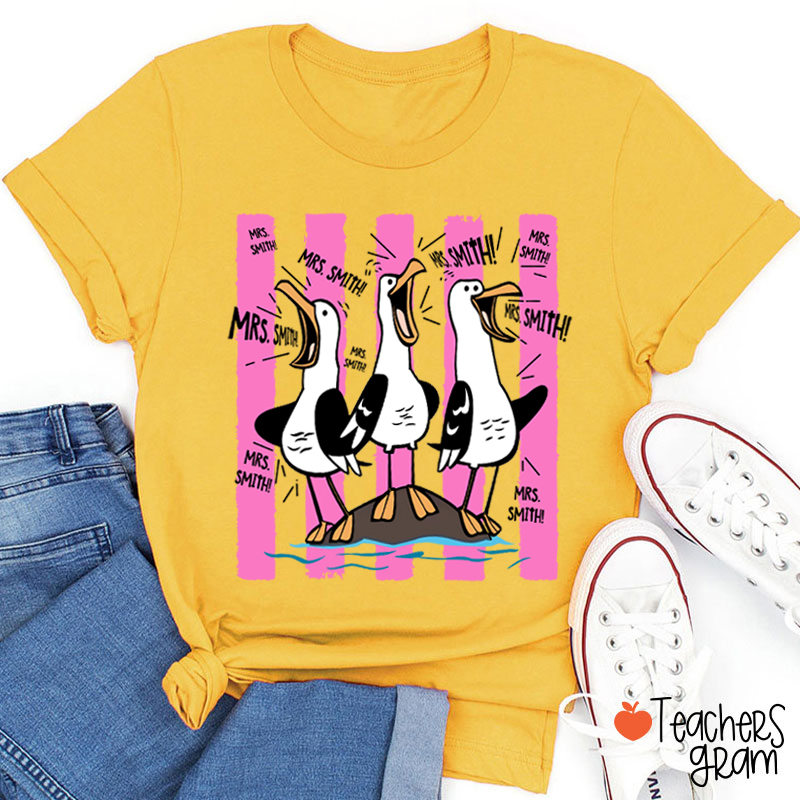 Personalized Pink Stripes Seagull Meme Teacher T-Shirt