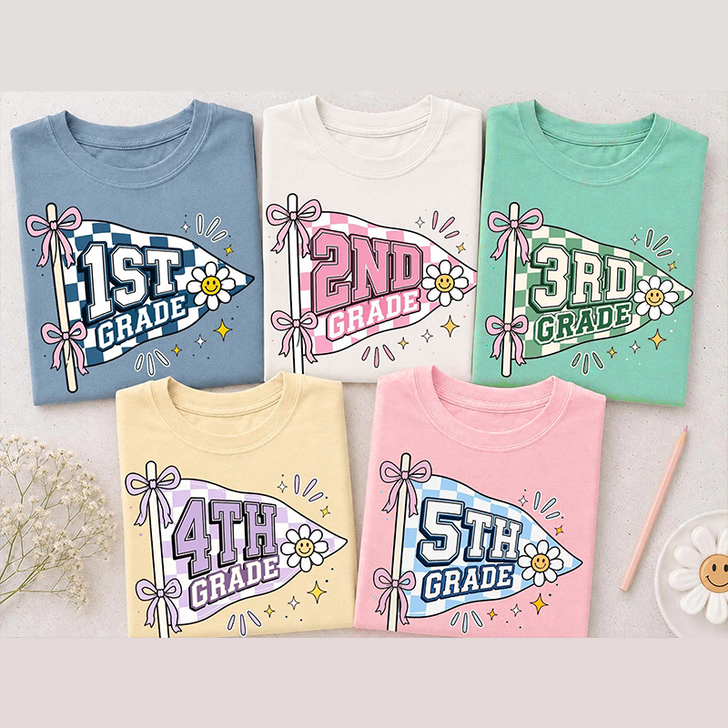 Personalized Grade And Name Retro Check Pennant Flag Coquette Bow Daisy Teacher T-Shirt