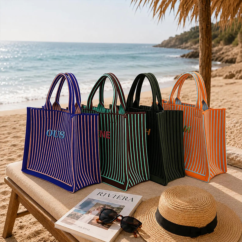 Personalized Name Embroidered Striped Knit Tote Bag