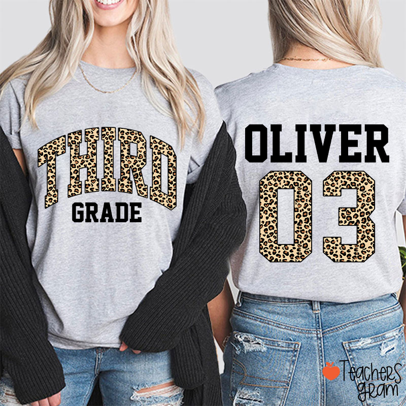 Personalized Grade Name Leopard Print Number Teacher Two Sided T-Shirt