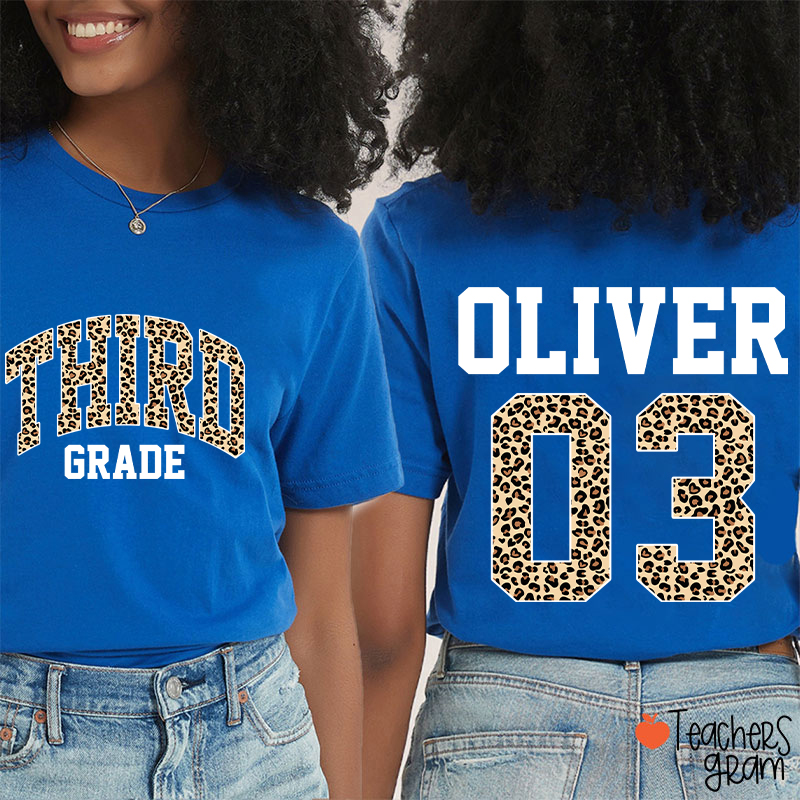 Personalized Grade Name Leopard Print Number Teacher Two Sided T-Shirt