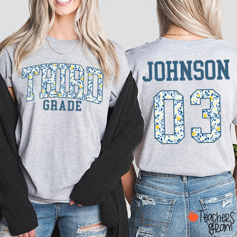 Personalized Grade And Name Floral Letter Teacher Two Sided T-Shirt