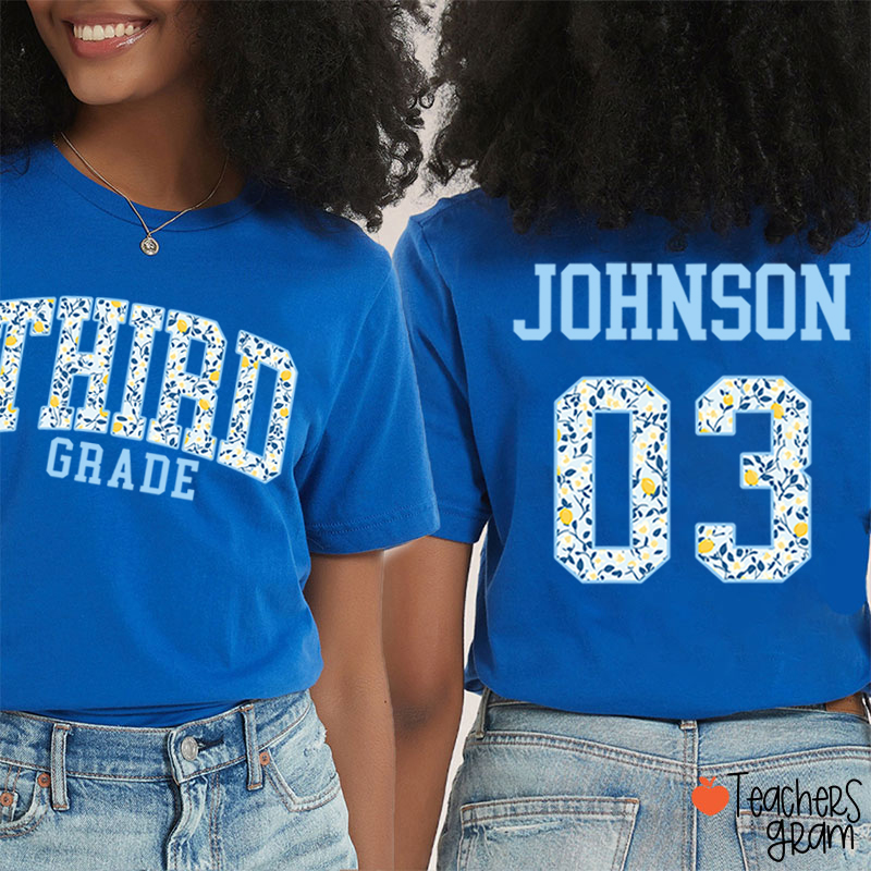 Personalized Grade And Name Floral Letter Teacher Two Sided T-Shirt