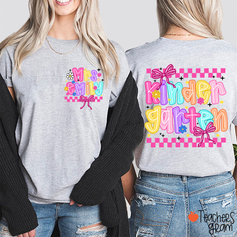 Personalized Grade And Name Checkered Bow Teacher Two Sided T-Shirt