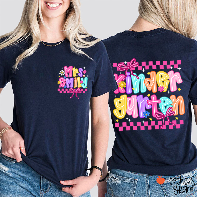 Personalized Grade And Name Checkered Bow Teacher Two Sided T-Shirt