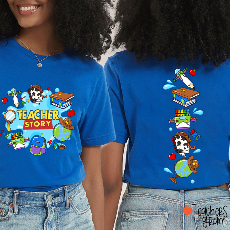 Teacher Story Cute School Stuff Icons Teacher Two Sided T-Shirt