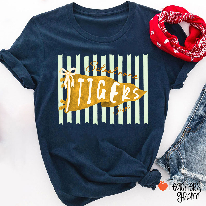 Personalized Mascot School Spirit Stripes Pennant Teacher T-Shirt