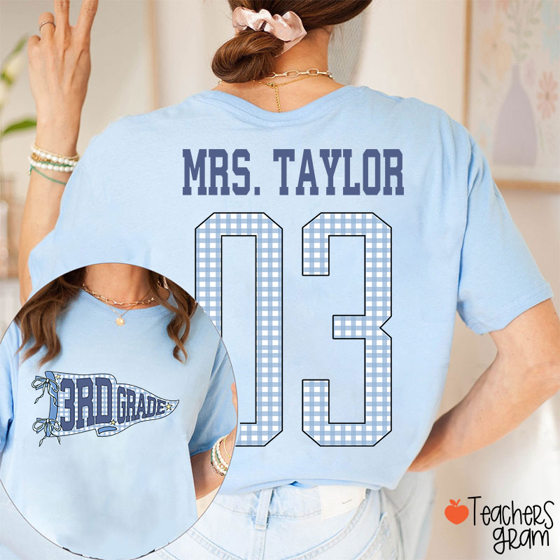 Personalized Grade Pennant Blue Gingham Teacher Two Sided T-Shirt