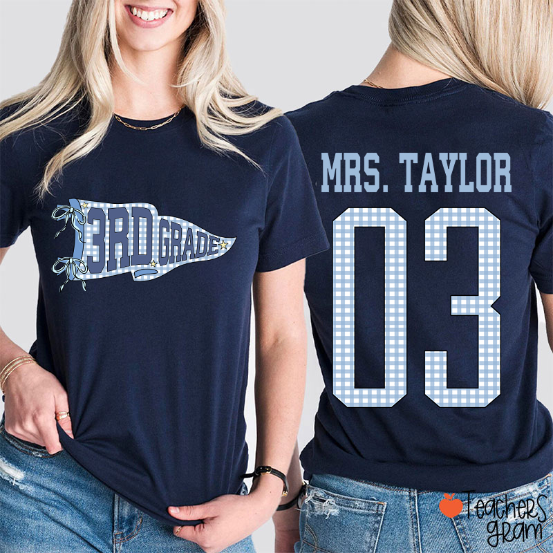 Personalized Grade Pennant Blue Gingham Teacher Two Sided T-Shirt
