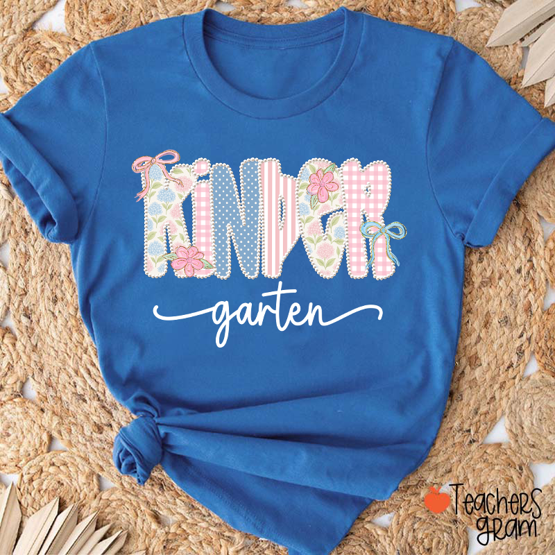 Personalized Grade Gingham Floral Bow Varsity Letter Teacher T-Shirt