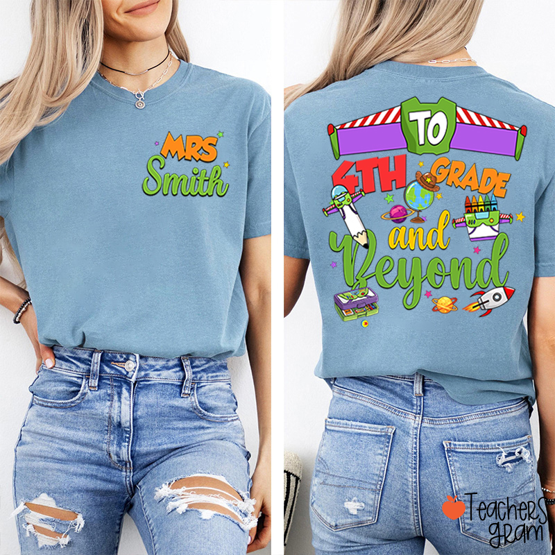 Personalized Grade Cartoon School Supply Rocket Teacher Two Sided T-Shirt