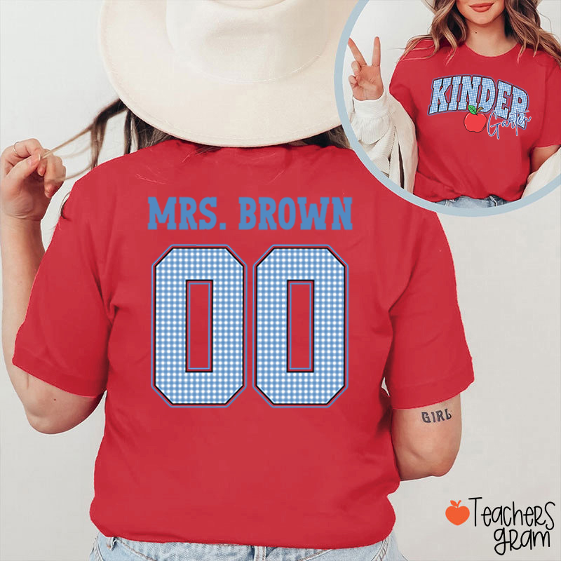 Personalized Grade And Name Checkered Letter Apple Teacher Two Sided T-Shirt