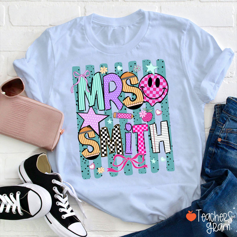 Personalized Grade Coquette Preppy Stripes Teacher T-Shirt