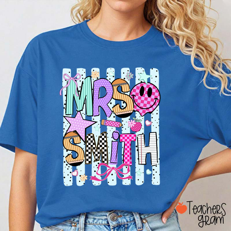 Personalized Grade Coquette Preppy Stripes Teacher T-Shirt
