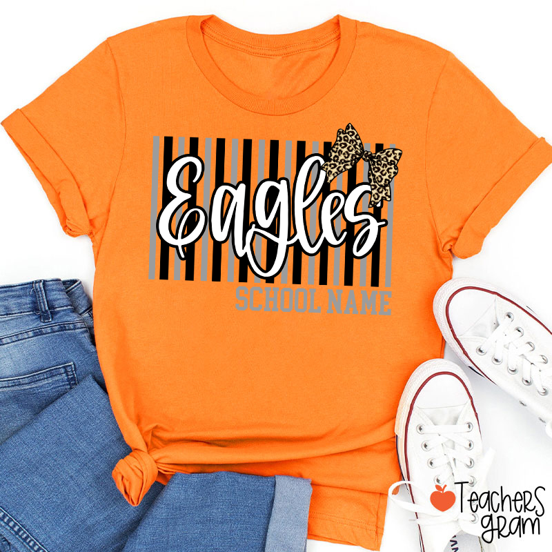 Personalized School Mascot Stripe Leopard Bow Teacher T-Shirt