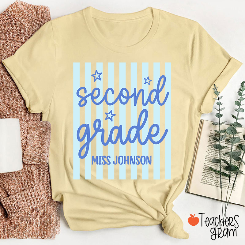 Personalized Grade Blue Gingham Stripes Teacher T-Shirt