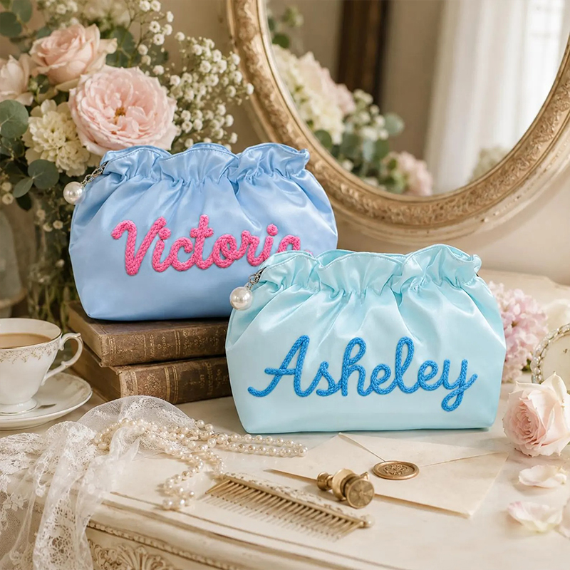 Personalized Chenille Name Satin Teacher Makeup Bag