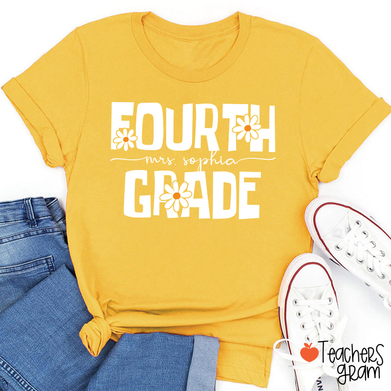 Personalized Name And Grade Daisy Floral Teacher T-Shirt