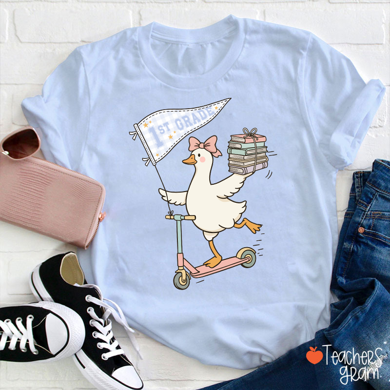 Personalized Grade Scooter Silly Goose Pennant Book Stack Teacher T-Shirt