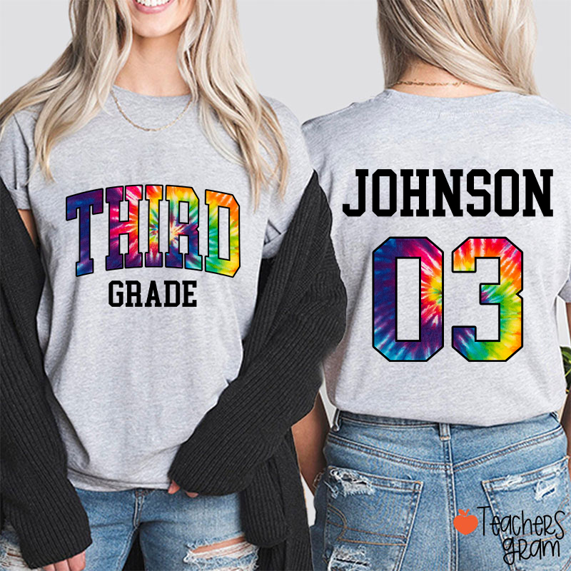 Personalized Grade And Name Tie-dye Letter Teacher Two Sided T-Shirt