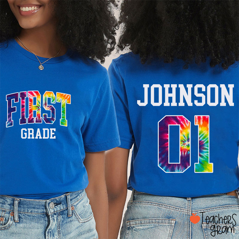 Personalized Grade And Name Tie-dye Letter Teacher Two Sided T-Shirt