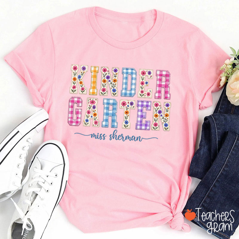 Personalized Name Floral Gingham Teacher T-Shirt